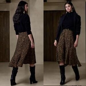 Banana Republic Flounce Midi Skirt Brown Flowy Tall Size 2 Cheetah Speckled